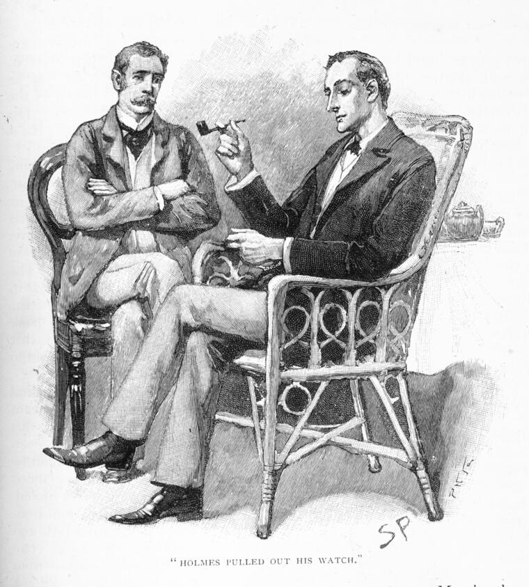 Sidney Paget illustration of Sherlock Holmes and Dr. Watson, with Holmes holding a watch.